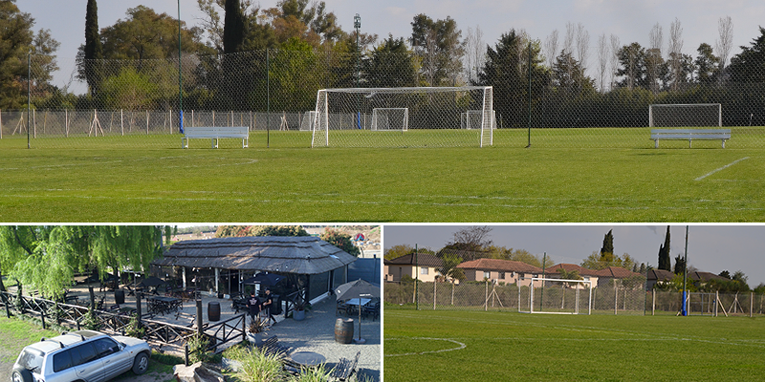 Canchas de césped natural y quincho con parrilla de la sede Oliden, en Del Viso